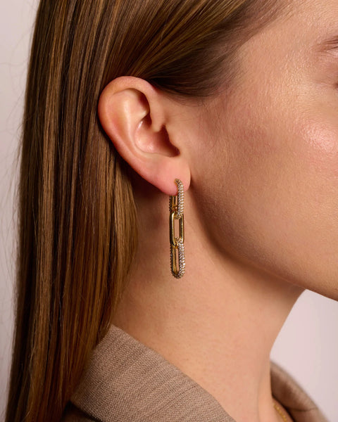 Half Pave Chain Earrings - Gold