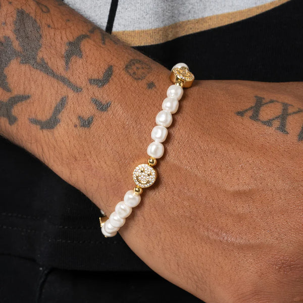 5MM ICED SMILEY FACE PEARL BRACELET - GOLD