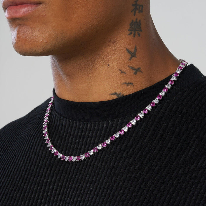 5MM WHITE & PINK HEART TENNIS CHAIN - WHITE GOLD