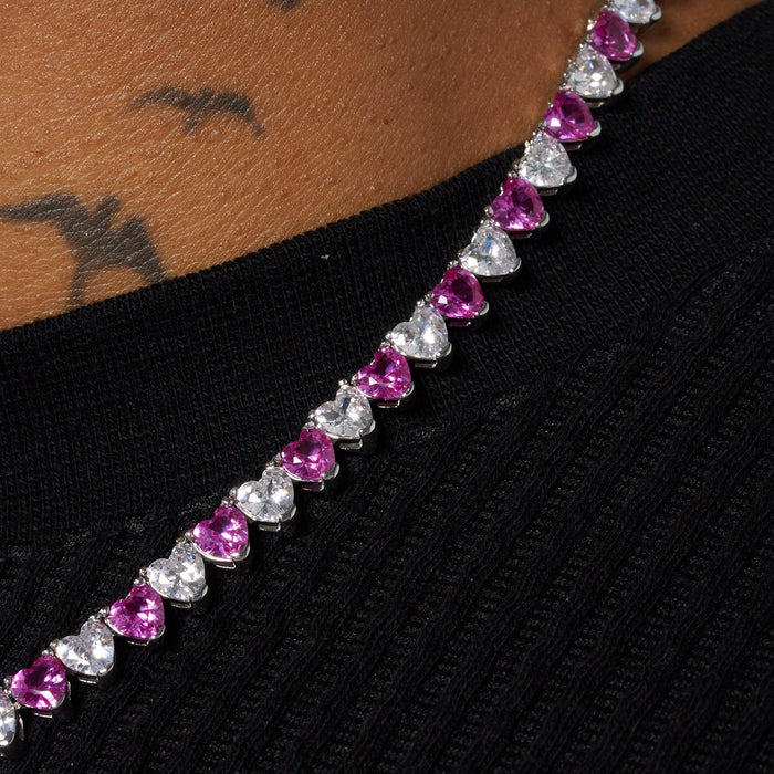 5MM WHITE & PINK HEART TENNIS CHAIN - WHITE GOLD