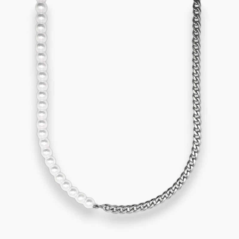 6MM HALF PEARL HALF CUBAN CHAIN - SILVER