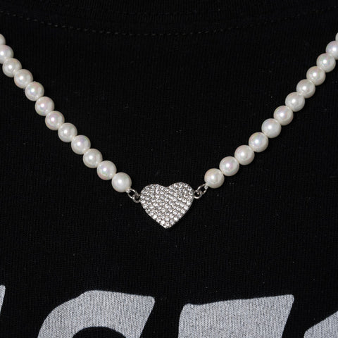 5MM ICED HEART MOTIF PEARL NECKLACE - WHITE GOLD