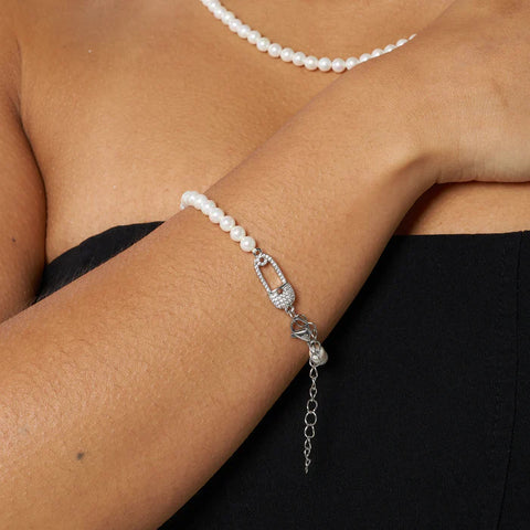 5MM ICED PAPER CLIP PEARL BRACELET - WHITE GOLD