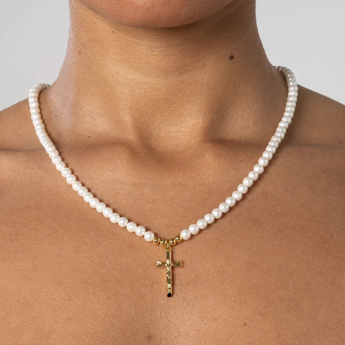 5MM CROSS MOTIF PEARL NECKLACE - GOLD