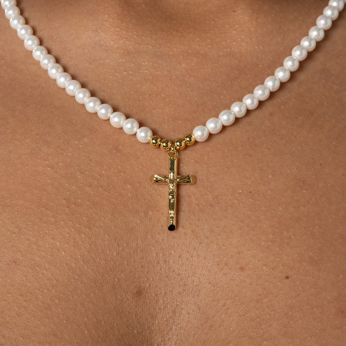 5MM CROSS MOTIF PEARL NECKLACE - GOLD