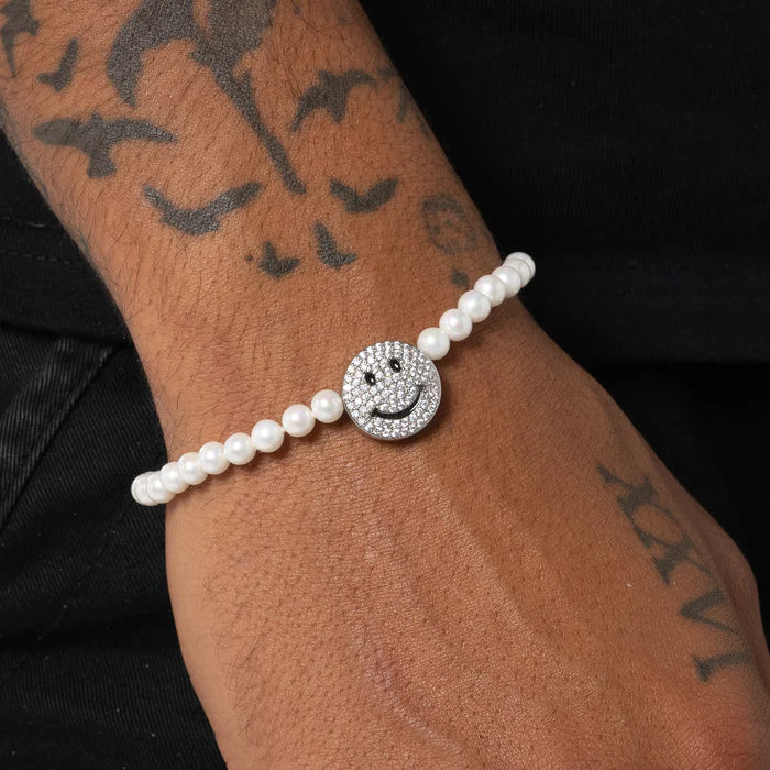 5MM ICED SMILEY FACE MOTIF PEARL BRACELET