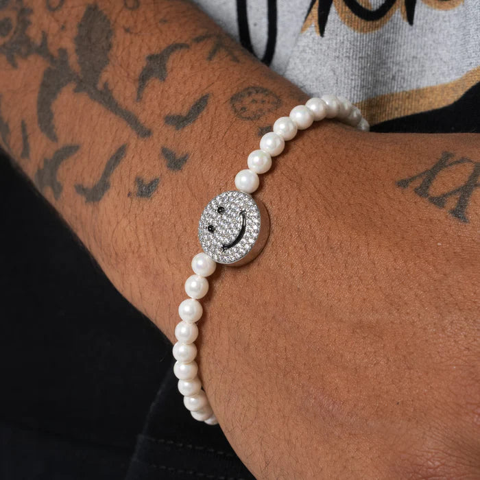 5MM ICED SMILEY FACE MOTIF PEARL BRACELET