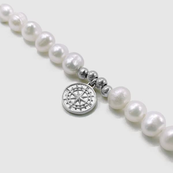 COMPASS REAL PEARL NECKLACE (SILVER)