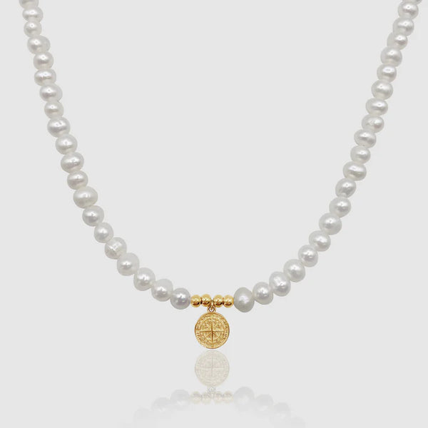 COMPASS REAL PEARL NECKLACE (GOLD)