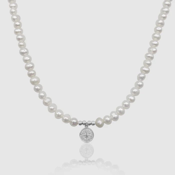 COMPASS REAL PEARL NECKLACE (SILVER)