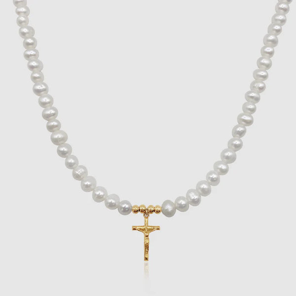 CRUCIFIX REAL PEARL NECKLACE (GOLD)