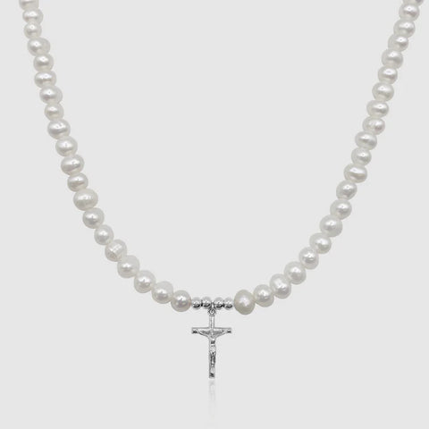 CRUCIFIX REAL PEARL NECKLACE (SILVER)