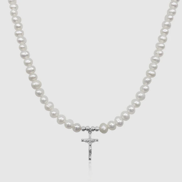 CRUCIFIX REAL PEARL NECKLACE (SILVER)