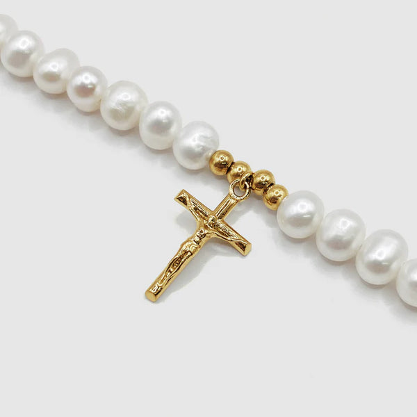 CRUCIFIX REAL PEARL NECKLACE (GOLD)