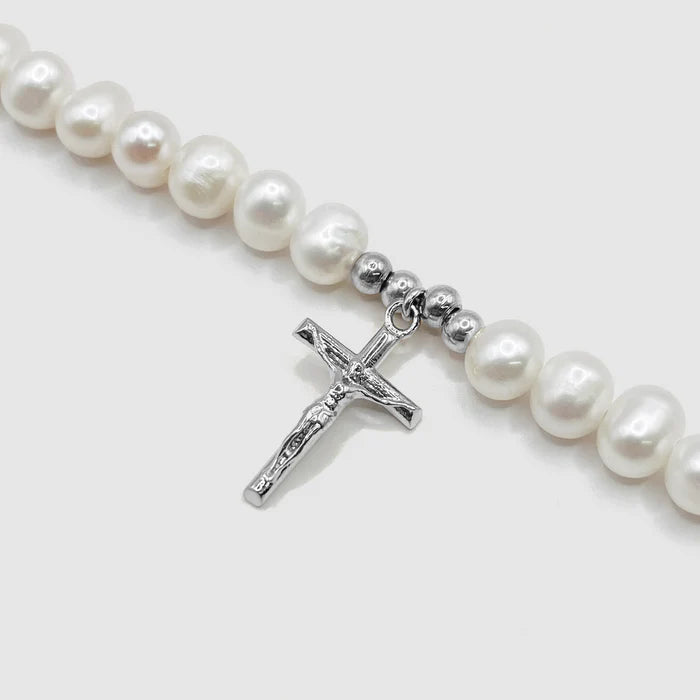 CRUCIFIX REAL PEARL NECKLACE (SILVER)