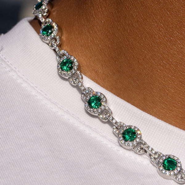 9MM GREEN CENTRE STONE LINK CHAIN - WHITE GOLD