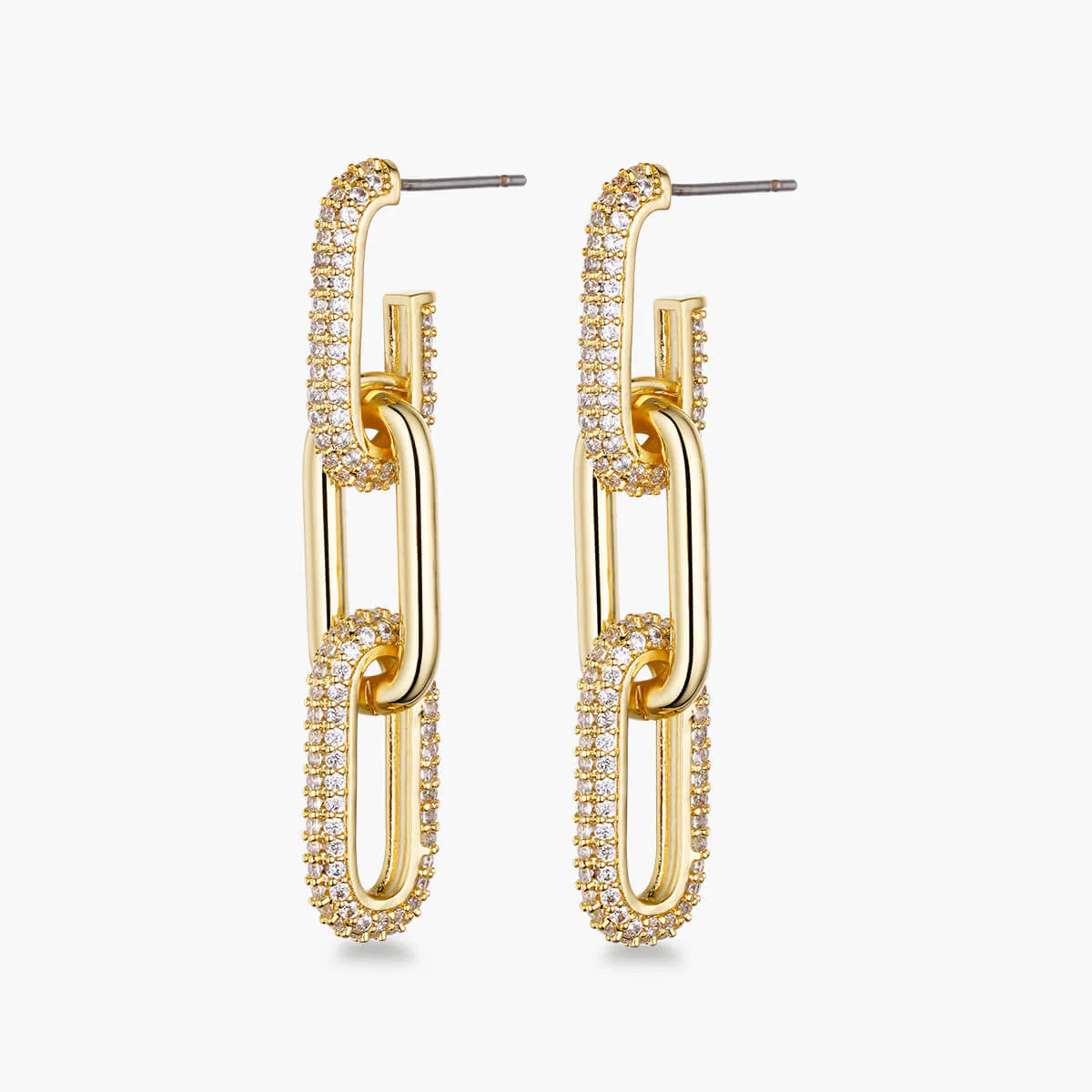 Half Pave Chain Earrings - Gold