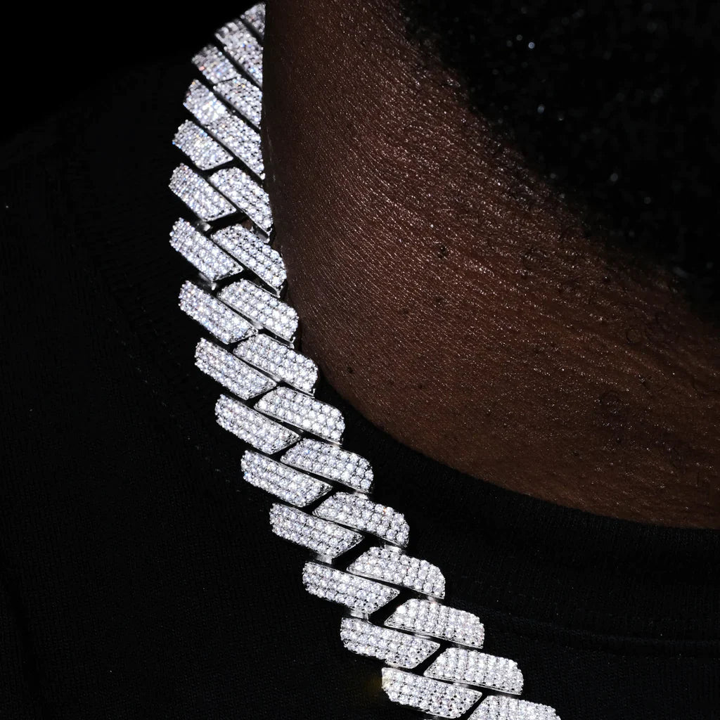 WHITE GOLD 3 ROW PRONG CUBAN LINK NECKLACE + BRACELET BUNDLE 14MM