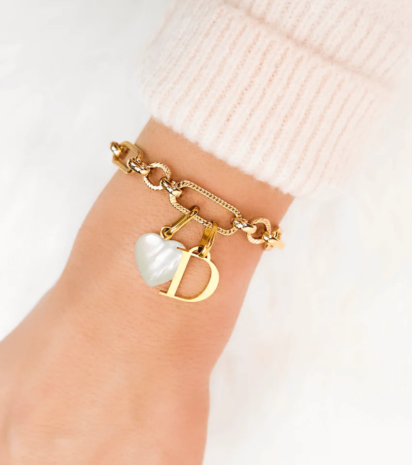 Letter & Birthstone Figaro Chain Bracelet (Gold)