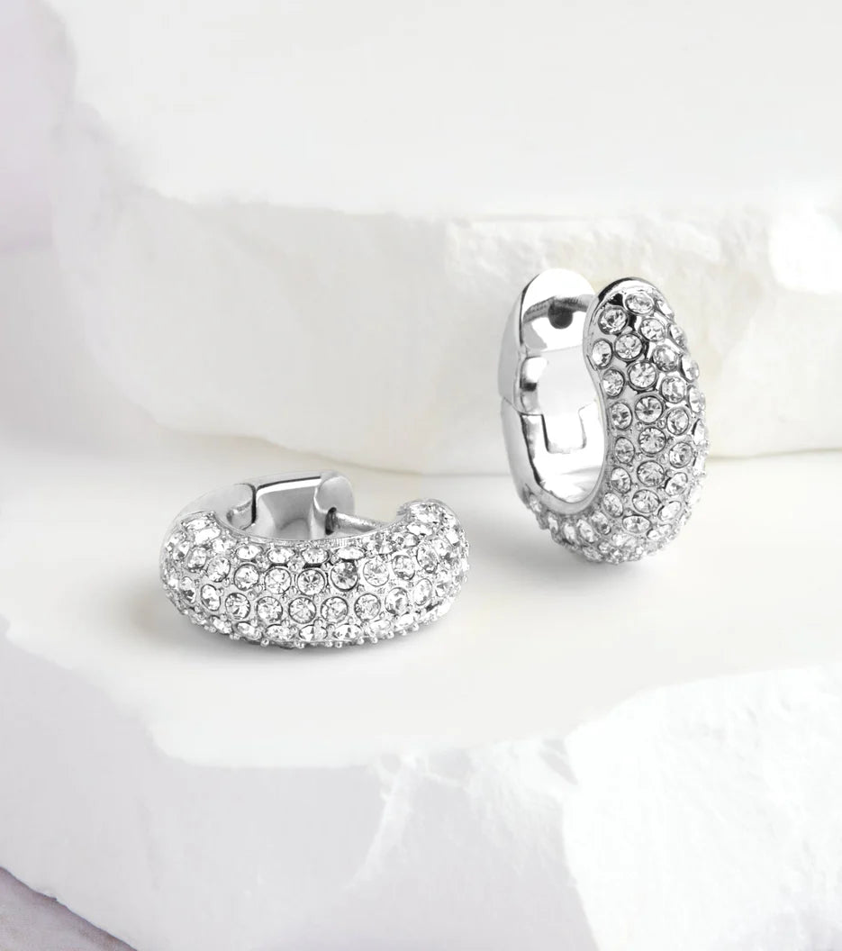 Pavé Crystal Chunky Huggie Hoops (Silver)