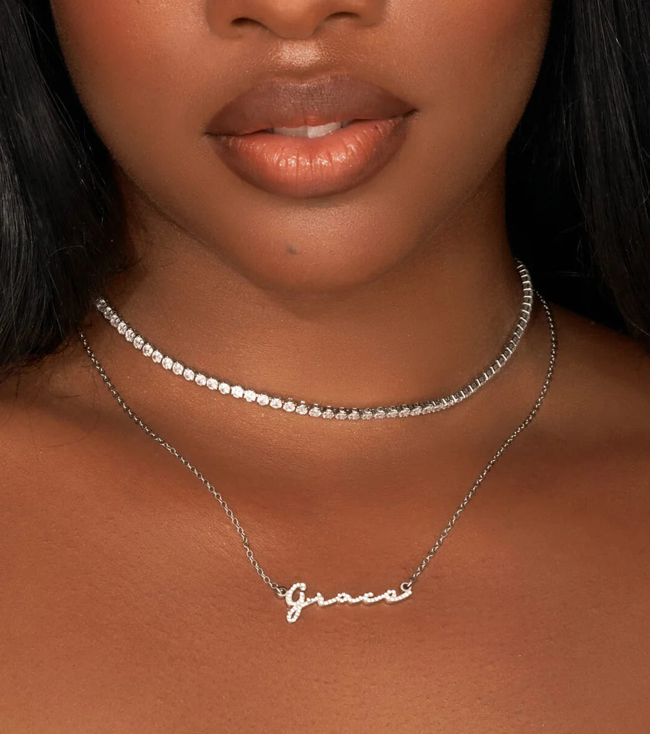 Crystal Signature Name Necklace (Silver)