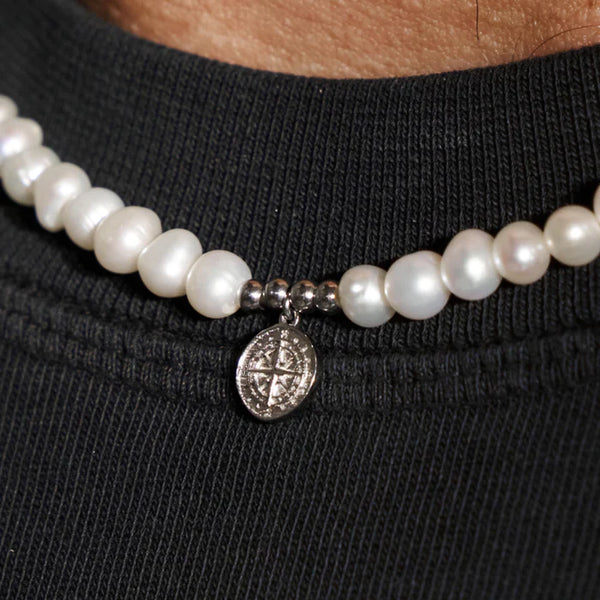 COMPASS REAL PEARL NECKLACE (SILVER)