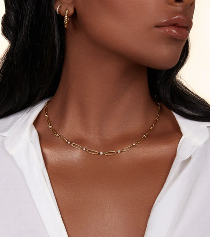 Crystal Paperclip Chain Necklace (Gold)