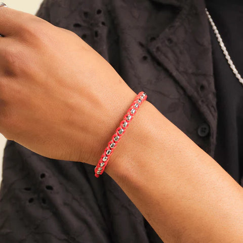 Woven Round Box Bracelet - Silver/Red