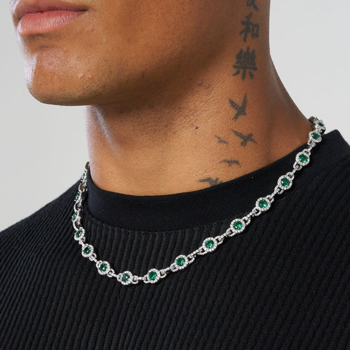 9MM GREEN CENTRE STONE LINK CHAIN - WHITE GOLD