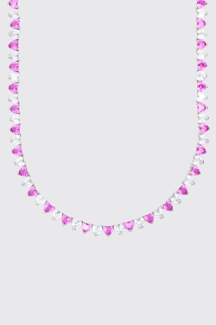 5MM WHITE & PINK HEART TENNIS CHAIN - WHITE GOLD