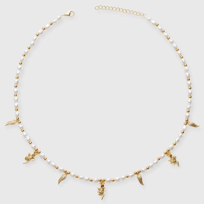 WINGS & ROSES BEADED PEARL NECKLACE - GOLD