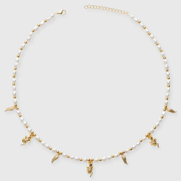 WINGS & ROSES BEADED PEARL NECKLACE - GOLD