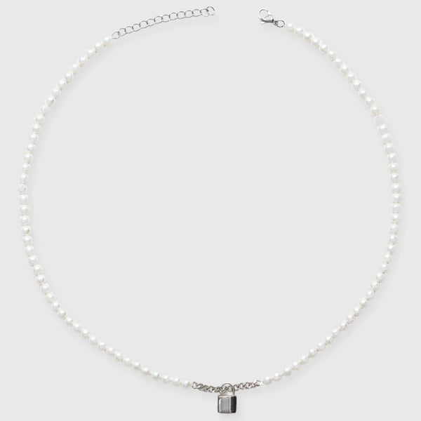 5MM MICRO LOCK MOTIF PEARL NECKLACE - WHITE GOLD