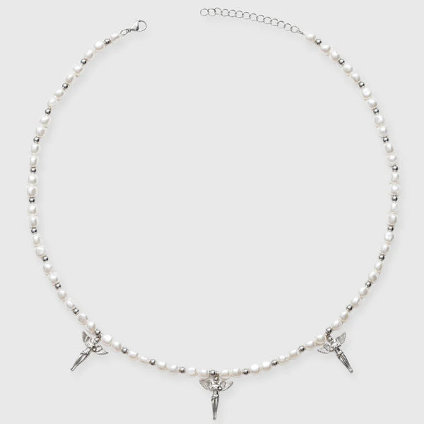 5MM ANGELS MOTIF BEADED PEARL NECKLACE - WHITE GOLD