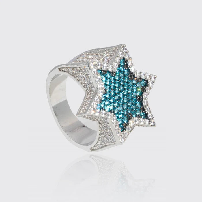 MOISSANITE BLUE ICED STAR RING - 925 SILVER - D COLOUR - VVS1