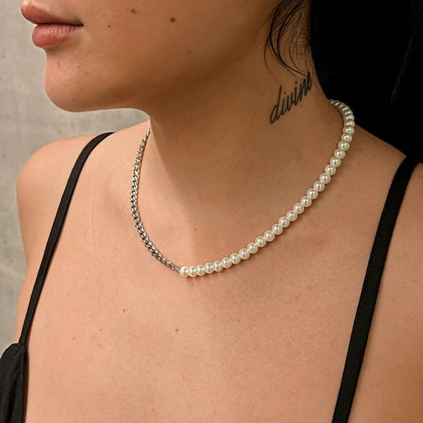 6MM HALF PEARL HALF CUBAN CHAIN - SILVER