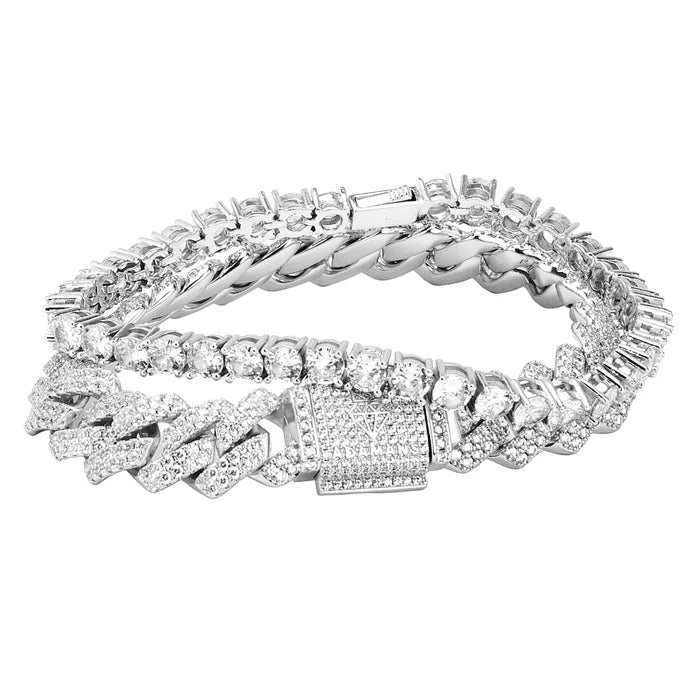 MONACO LINK + TENNIS BRACELET BUNDLE - WHITE GOLD