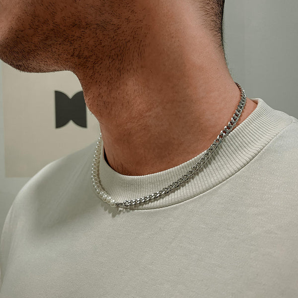 6MM HALF PEARL HALF CUBAN CHAIN - SILVER