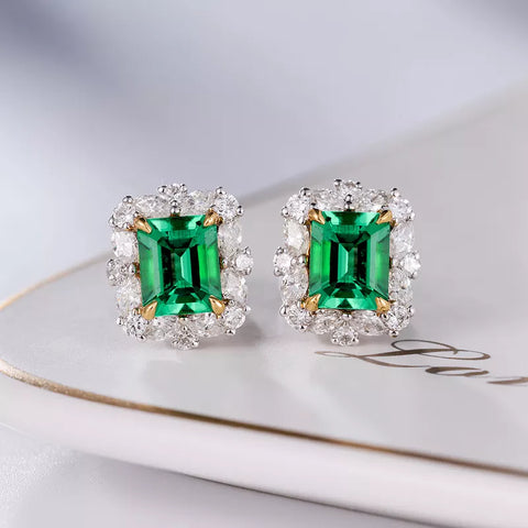 Natural Emerald Halo 18k Gold Earrings With Natural White Diamond