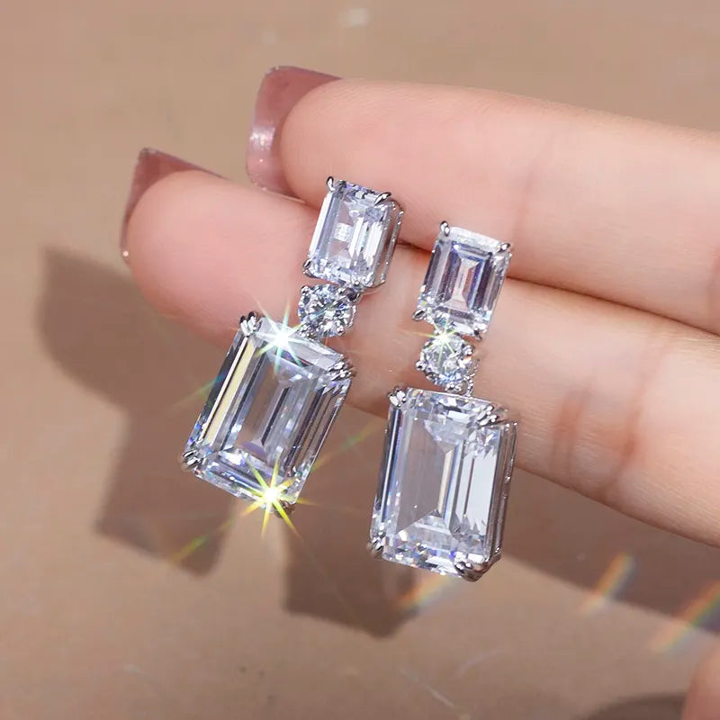 925 Silver High Carbon Zircon Diamond Octagon Cut Earrings