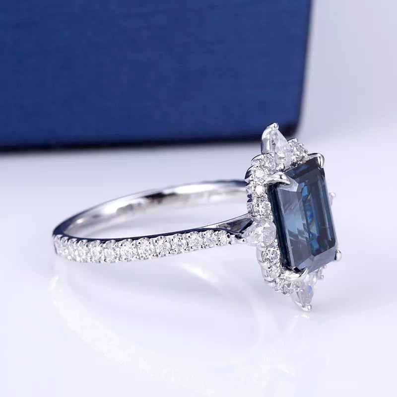 14k White Gold Emerald Cut Sapphire Moissanite Ring