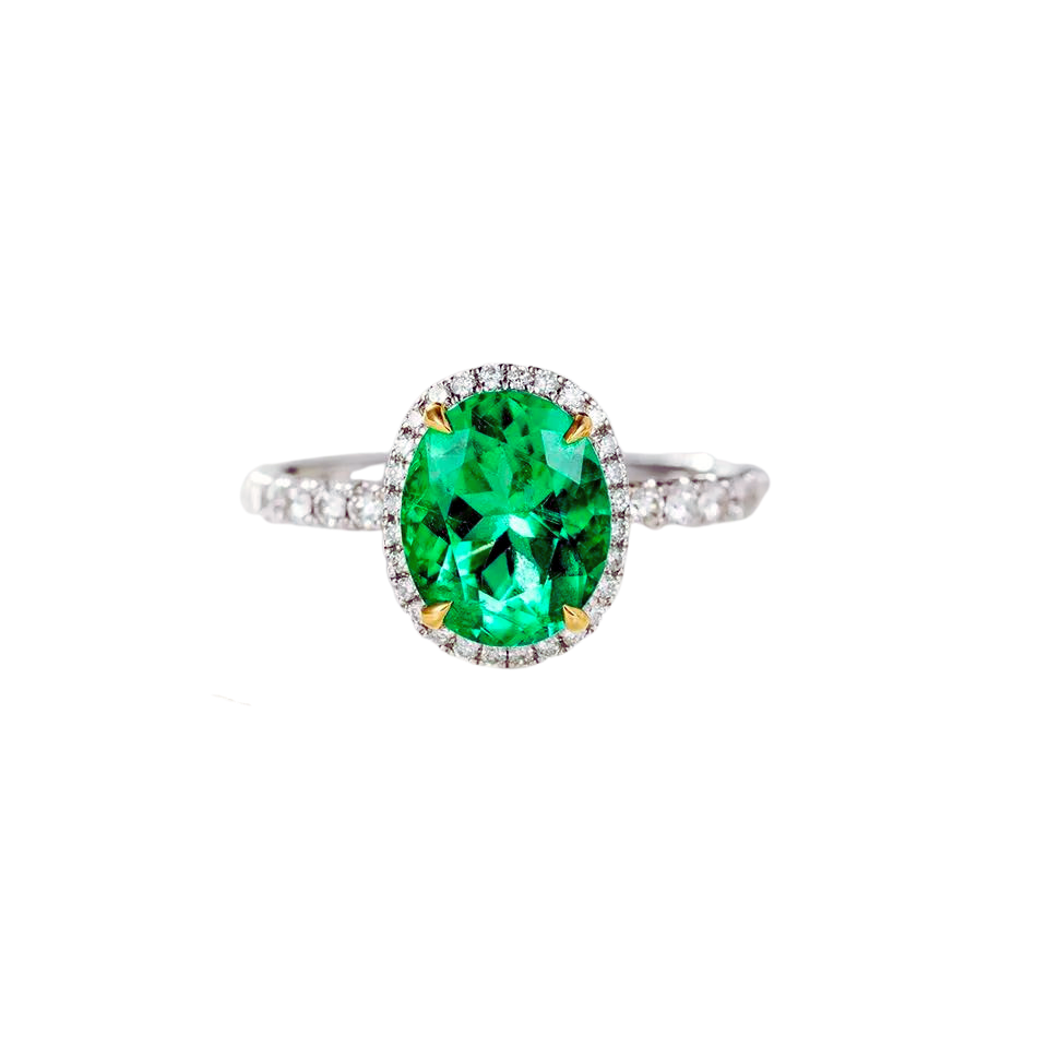 Vintage Engagement Ring Natural White Diamond Oval Emerald Gemstone 18k Gold