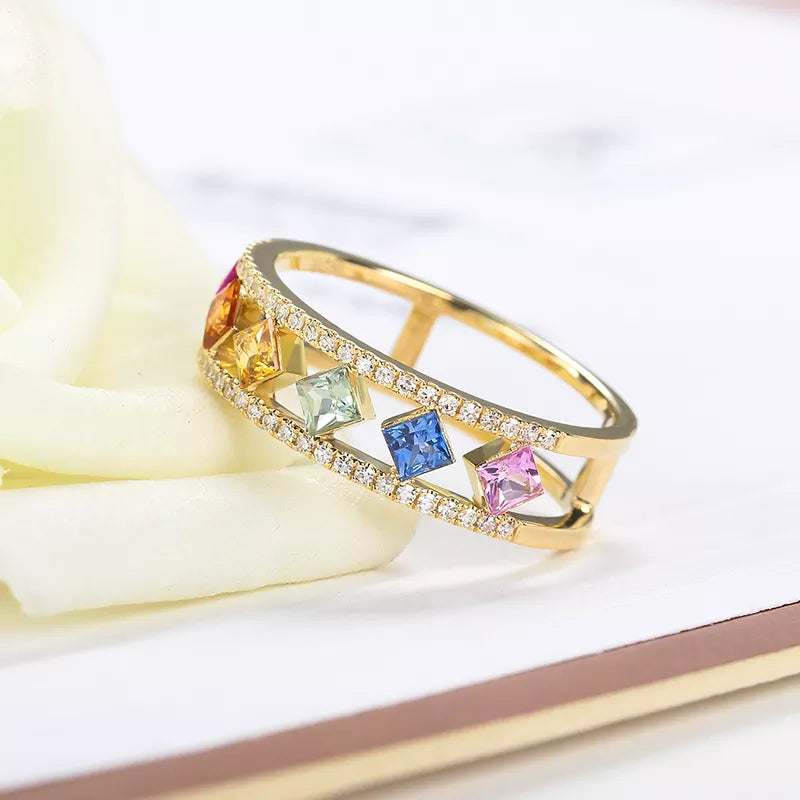 18k Gold Rainbow Sapphire Diamond Solid Ring