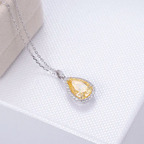 Silver Sterling Tear Drop Bright Yellow Cubic Zirconia Solid Necklace