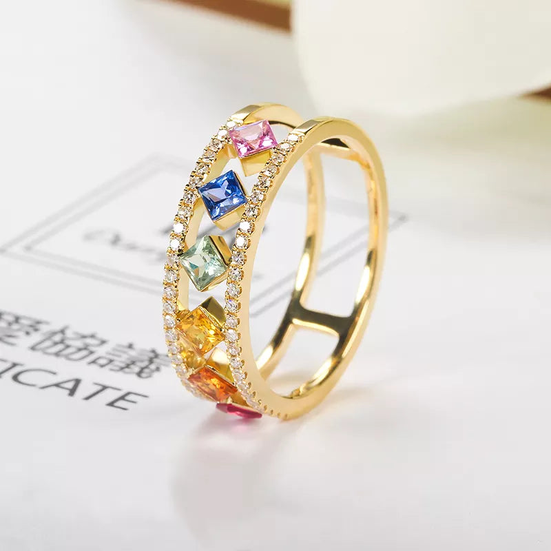 18k Gold Rainbow Sapphire Diamond Solid Ring