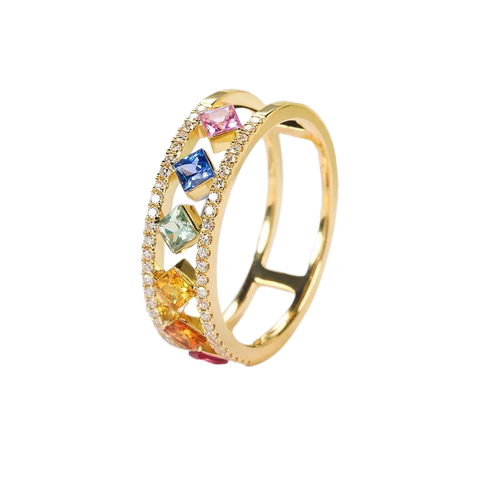 18k Gold Rainbow Sapphire Diamond Solid Ring