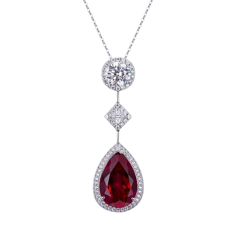 Red Corundum Spinel Pear 10x15mm Fine Silver Necklace