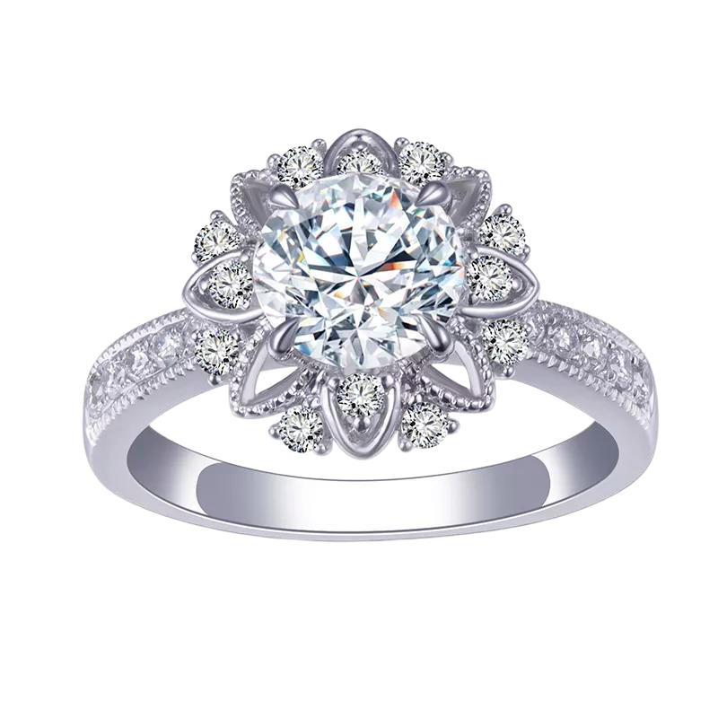 1ct Round Cut 18k Solid Gold Lab Diamond Ring Flower Vintage Style