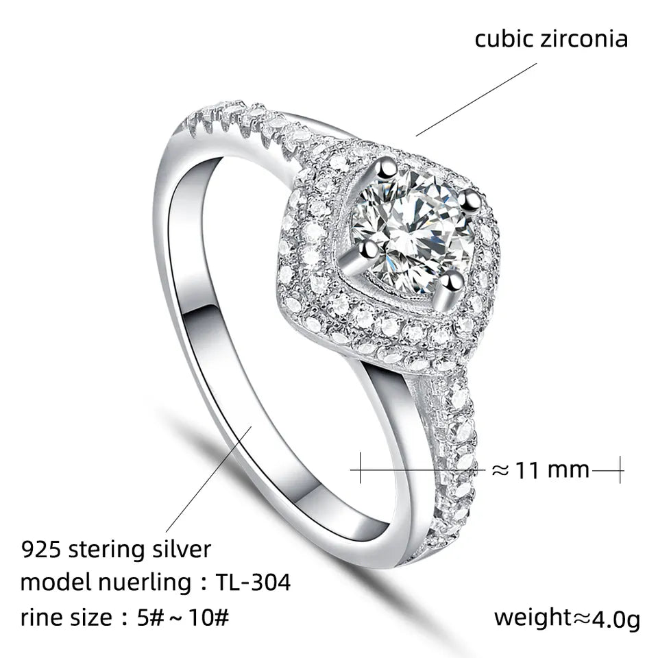 Sterling Silver Square Round Cubic Zircon Ring