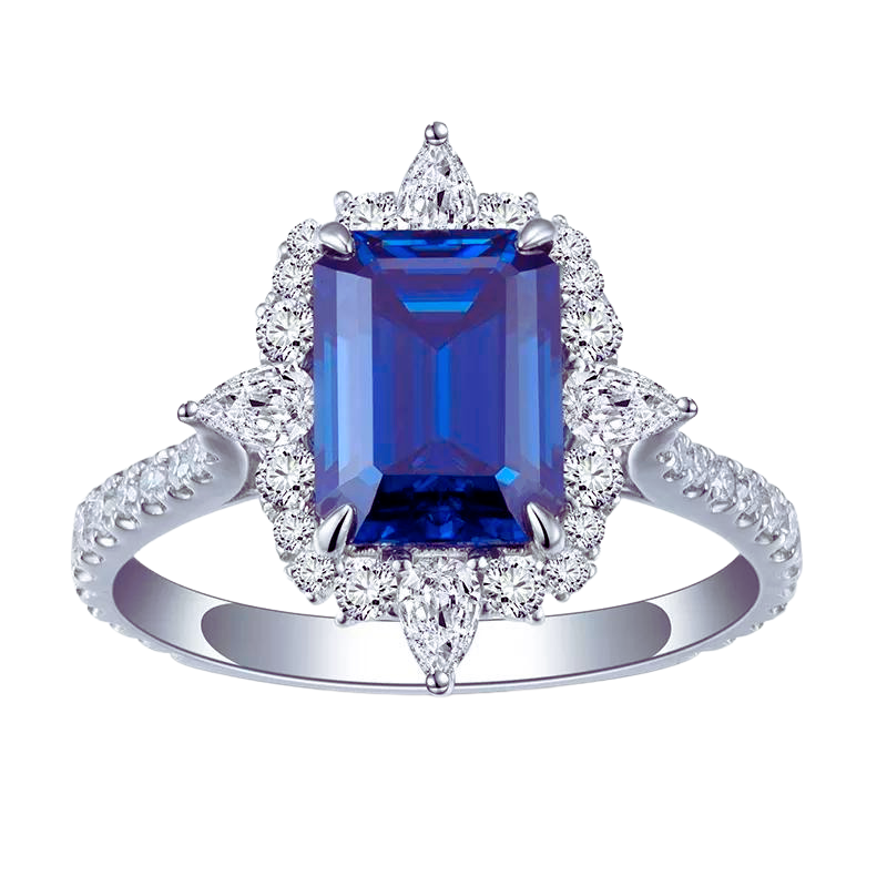 14k White Gold Emerald Cut Sapphire Moissanite Ring